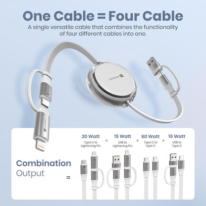 Portronics 4-in-1 retractable cable combining four cable types - Type-C to Lightning 20W, USB to Lightning 15W, Type-C to Type-C 60W, and USB to Type-C 15W