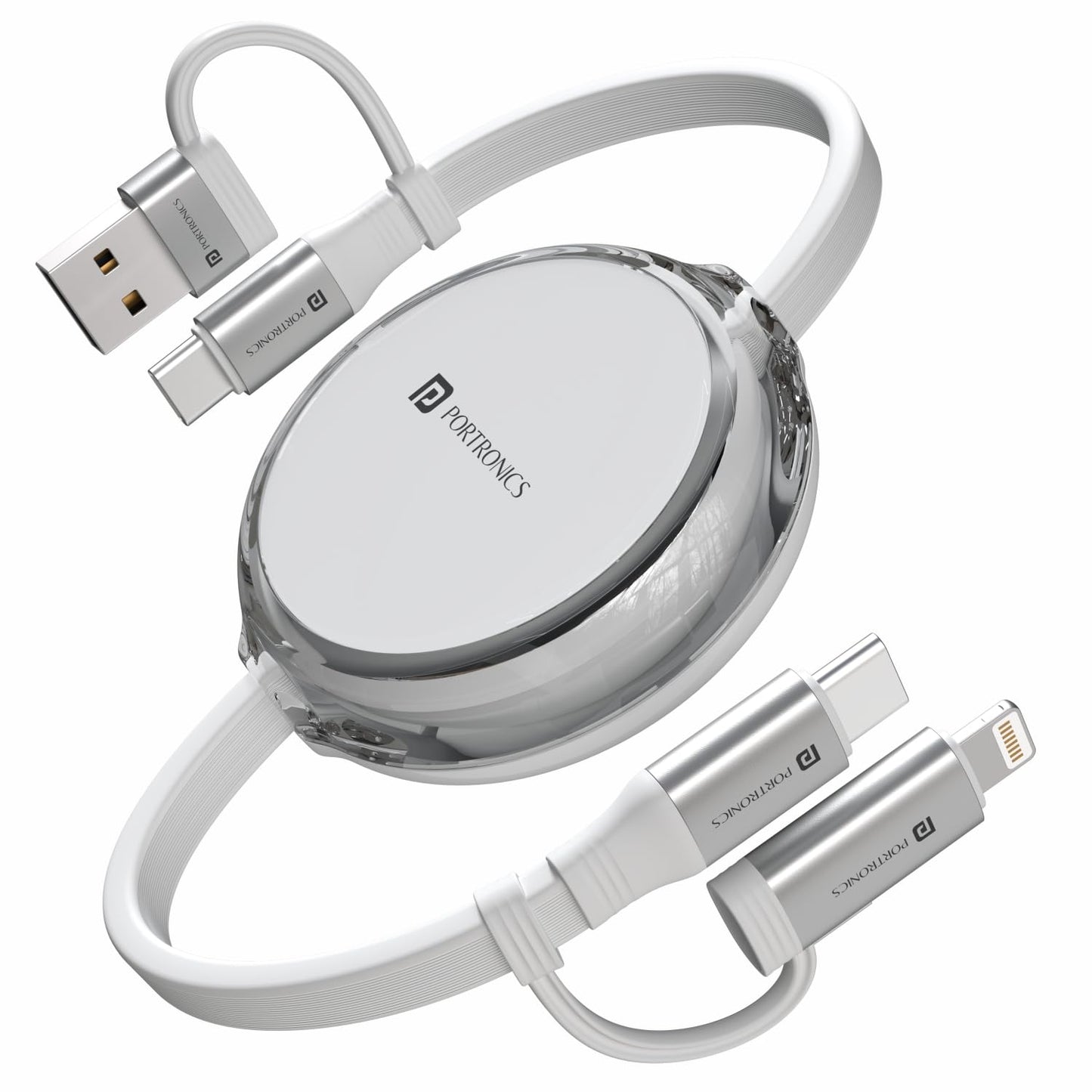 Portronics retractable multi charging cable with USB, Type-C, Lightning, and Type-C to Lightning connectors on white background