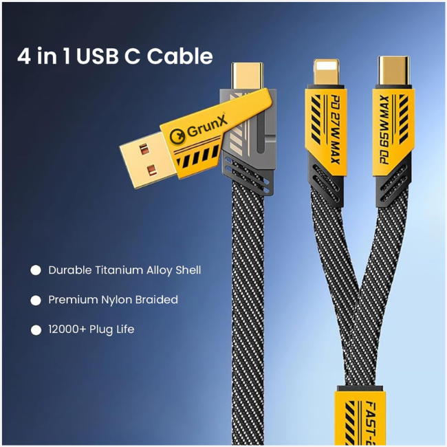 A 4-in-1 USB-C cable featuring a striking yellow and black design, ideal for versatile charging and data transfer.