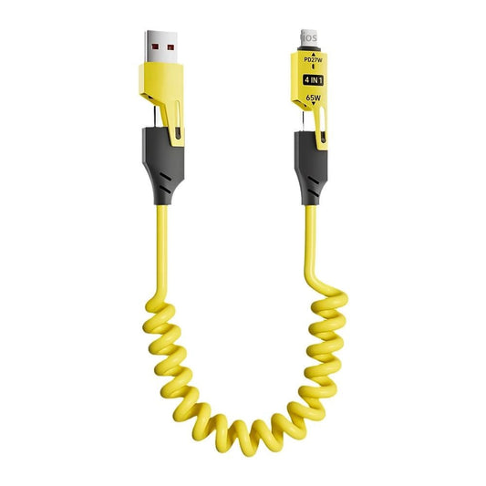 GRUNX Spira 4-in-1 spring cable showing retractable coil design with Type-C Lightning Micro USB adapters for universal device charging India