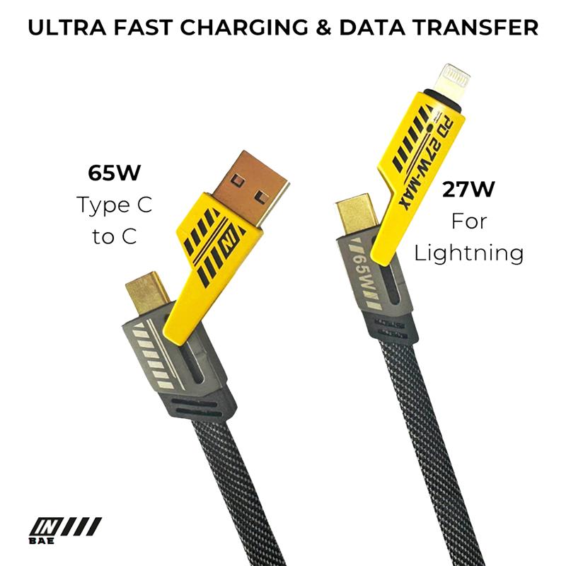 4 in 1 fast charging  cable showcasing type c to c port 65W and  C to Lighting Cable port 27W at grunxstore.com