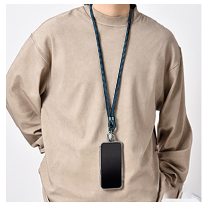 A man wearing a 4 in 1 lanyard charging cable holds a cell phone, showcasing a practical accessory for easy access and convenience.