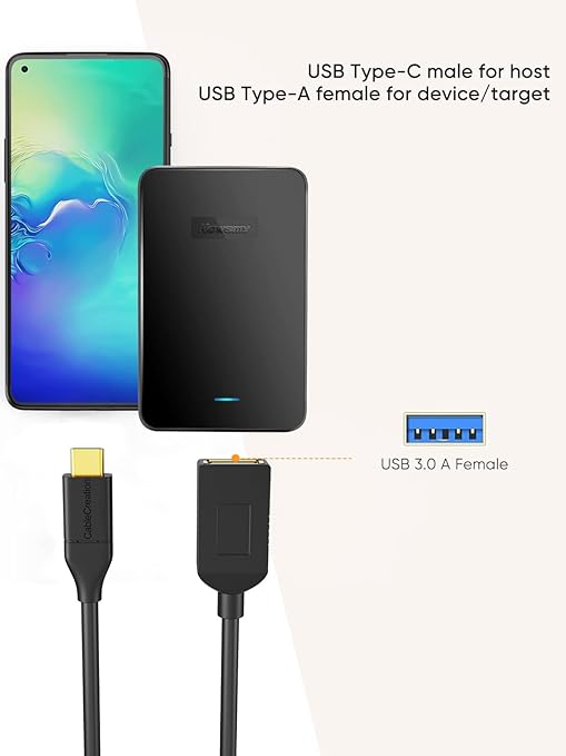 USB Type-C male to USB 3.0 Type-A female OTG adapter cable compatible with smartphone and external hard drive