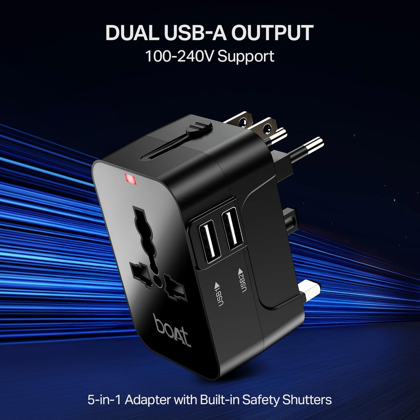 boAt 5-in-1 universal travel adapter with dual USB-A ports, multi-pin plugs, and red LED power indicator