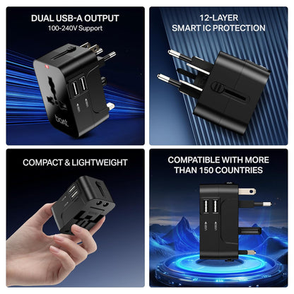 boAt universal travel adapter feature collage: dual USB-A output, 12-layer IC protection, compact design, 150+ country compatibility