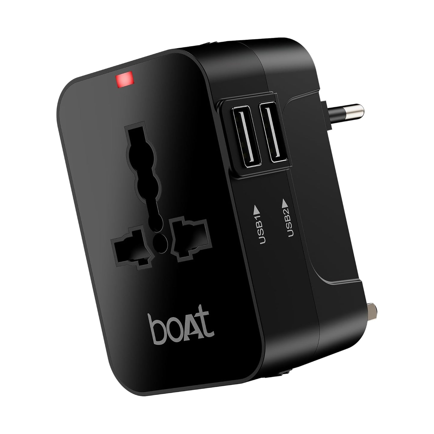 boAt universal travel adapter product shot with European plug, dual USB ports, and multi-socket outlet on white background