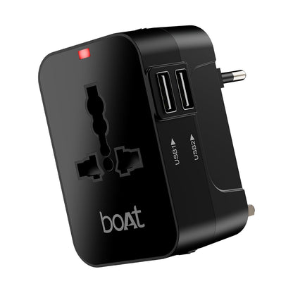 boAt universal travel adapter product shot with European plug, dual USB ports, and multi-socket outlet on white background