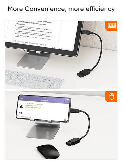 USB-C to USB-A OTG adapter cable connecting wireless keyboard to desktop monitor and wireless mouse to Android smartphone