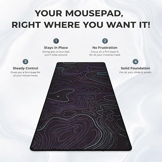 Non-slip rubber base extended desk mouse pad with topographic design staying firmly in place during gaming and office use