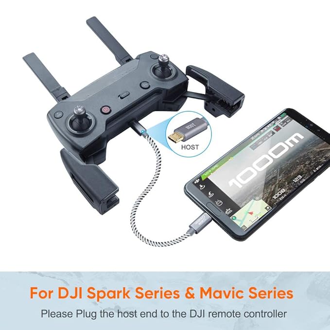 Micro USB OTG Cable compatible with DJI Spark and Mavic Series drone remote controller connected to Android smartphone for drone piloting