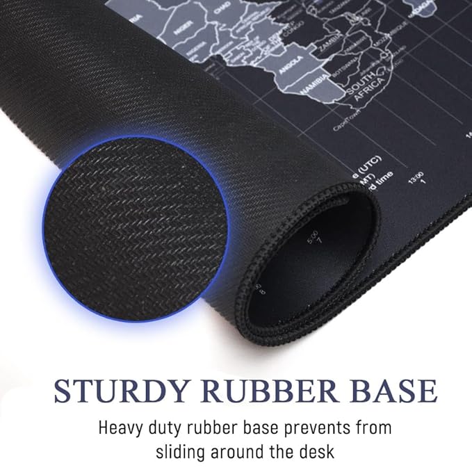 Close-up of sturdy heavy duty non-slip rubber base on rolled world map extended gaming mouse pad