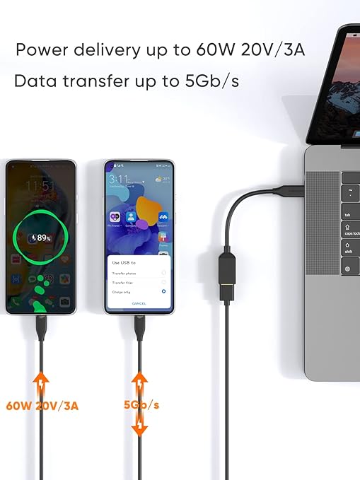 USB-C OTG cable with 60W 20V 3A power delivery and 5Gbps data transfer speed connected to laptop and smartphones