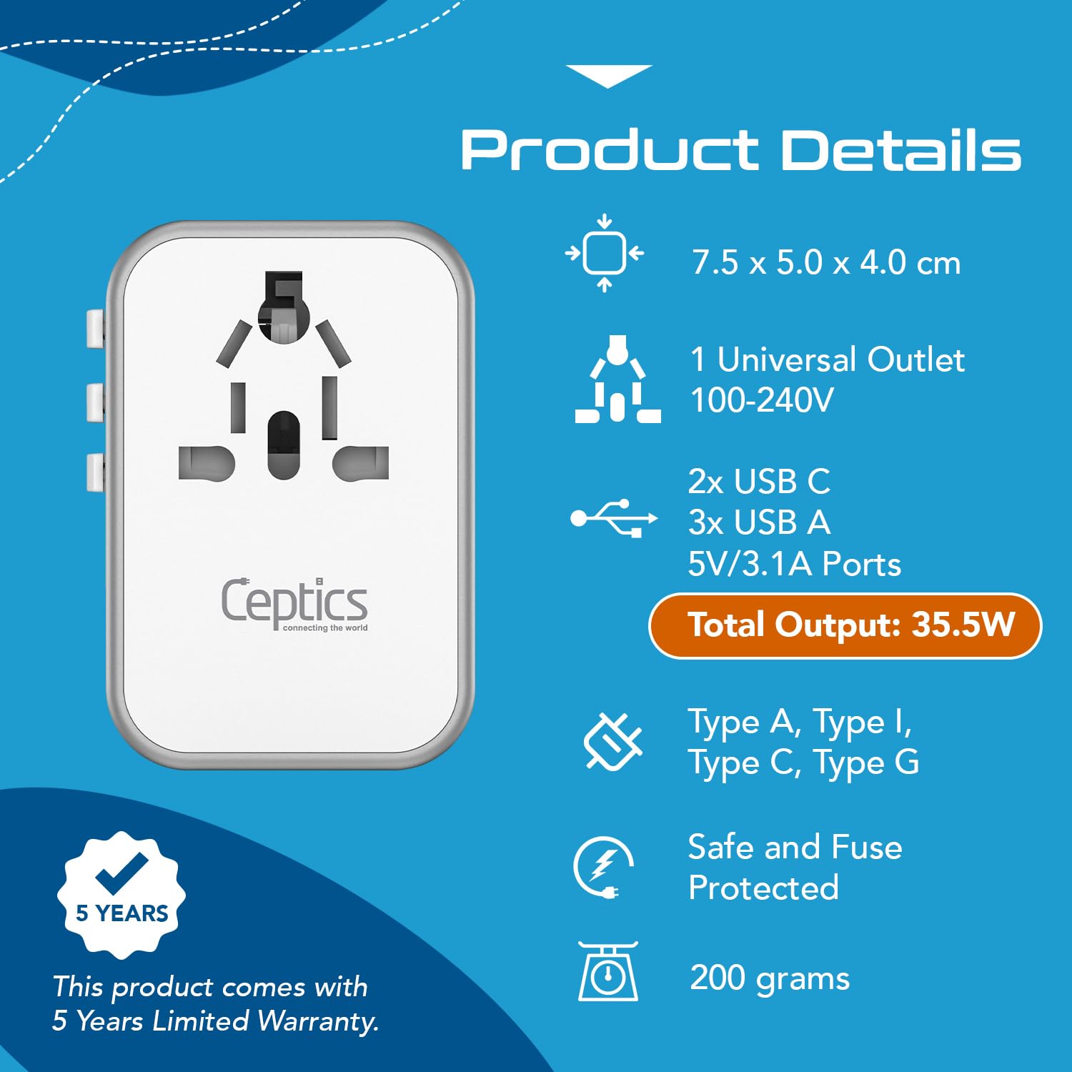 35.5W universal travel adapter specifications with 2 USB C 3 USB A ports and 6 months warranty