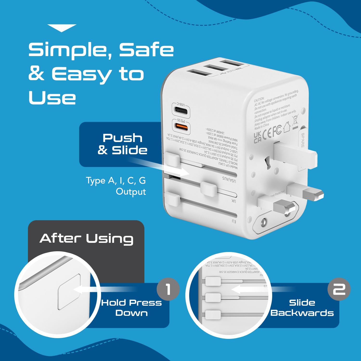 travel adapter push and slide mechanism to extend and retract Type A I C G plug prongs