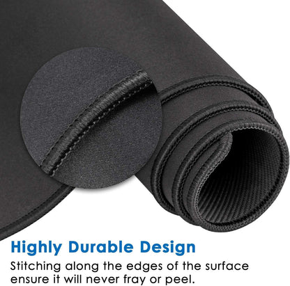 Close-up of double-stitched edges on rolled black extended gaming mouse pad showing highly durable anti-fray design
