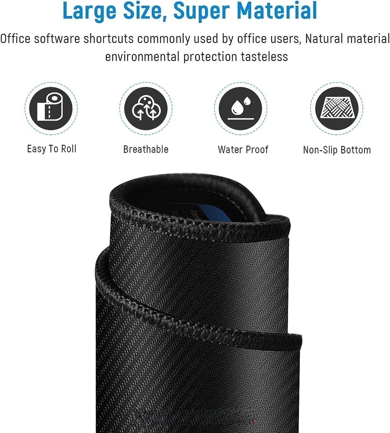 Large extended gaming mouse pad rolled showing breathable waterproof non-slip bottom with stitched edges close-up