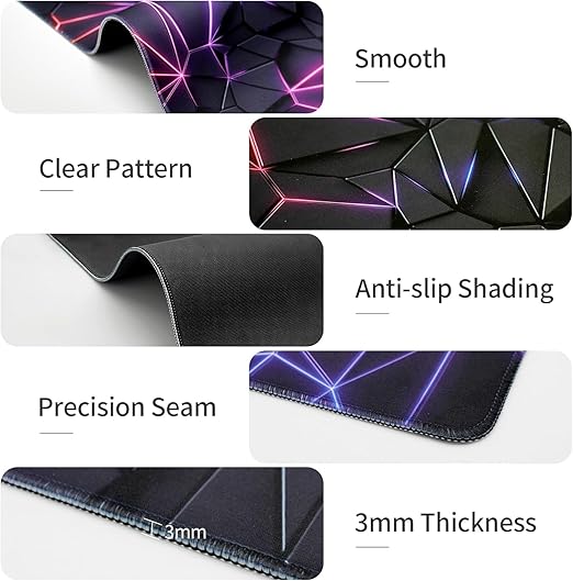 Extended gaming mouse pad feature close-up showing smooth surface clear neon pattern anti-slip rubber base precision seam and 3mm thickness