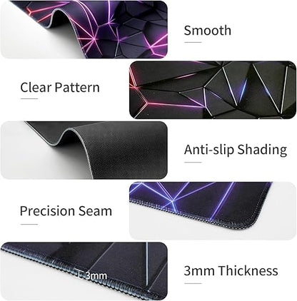 Extended gaming mouse pad feature close-up showing smooth surface clear neon pattern anti-slip rubber base precision seam and 3mm thickness