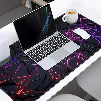 XXL neon geometric polygon desk mat with laptop and mouse in modern office workspace full desk coverage