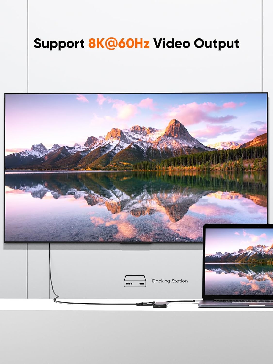USB4 USB-C Cable supporting 8K 60Hz video output from laptop to large TV via docking station for ultra high resolution display