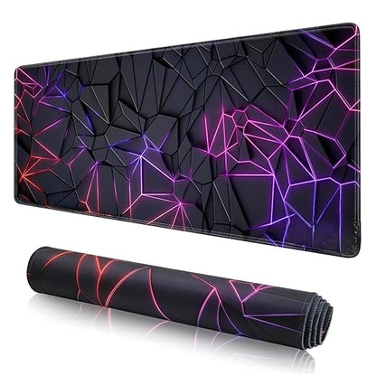 Large XXL gaming desk mat with purple pink neon geometric cracked polygon design flat lay and rolled view 80x30cm