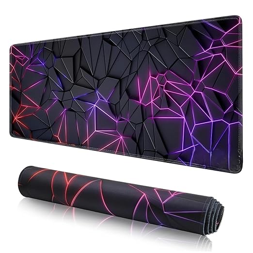 Large XXL gaming desk mat with purple pink neon geometric cracked polygon design flat lay and rolled view 80x30cm