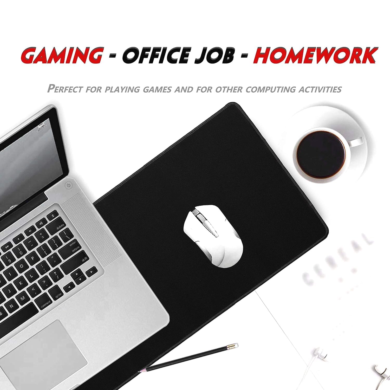 Black XXL extended desk mouse pad with laptop and wireless mouse for gaming office work and homework use