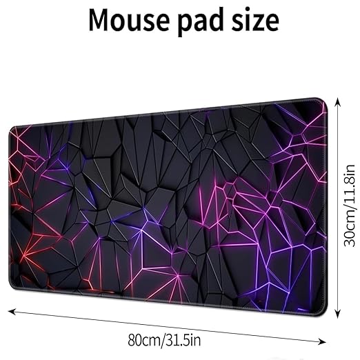 Extended gaming mouse pad size dimensions 80cm x 30cm with purple pink neon cracked geometric polygon design