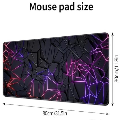 Extended gaming mouse pad size dimensions 80cm x 30cm with purple pink neon cracked geometric polygon design