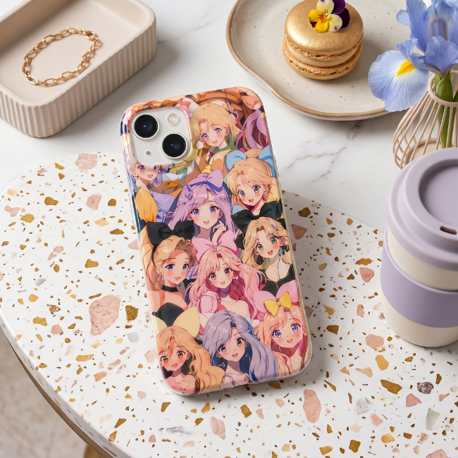 Anime Girl Collage iPhone Case – Colorful Kawaii Characters Phone Cover on Marble Table