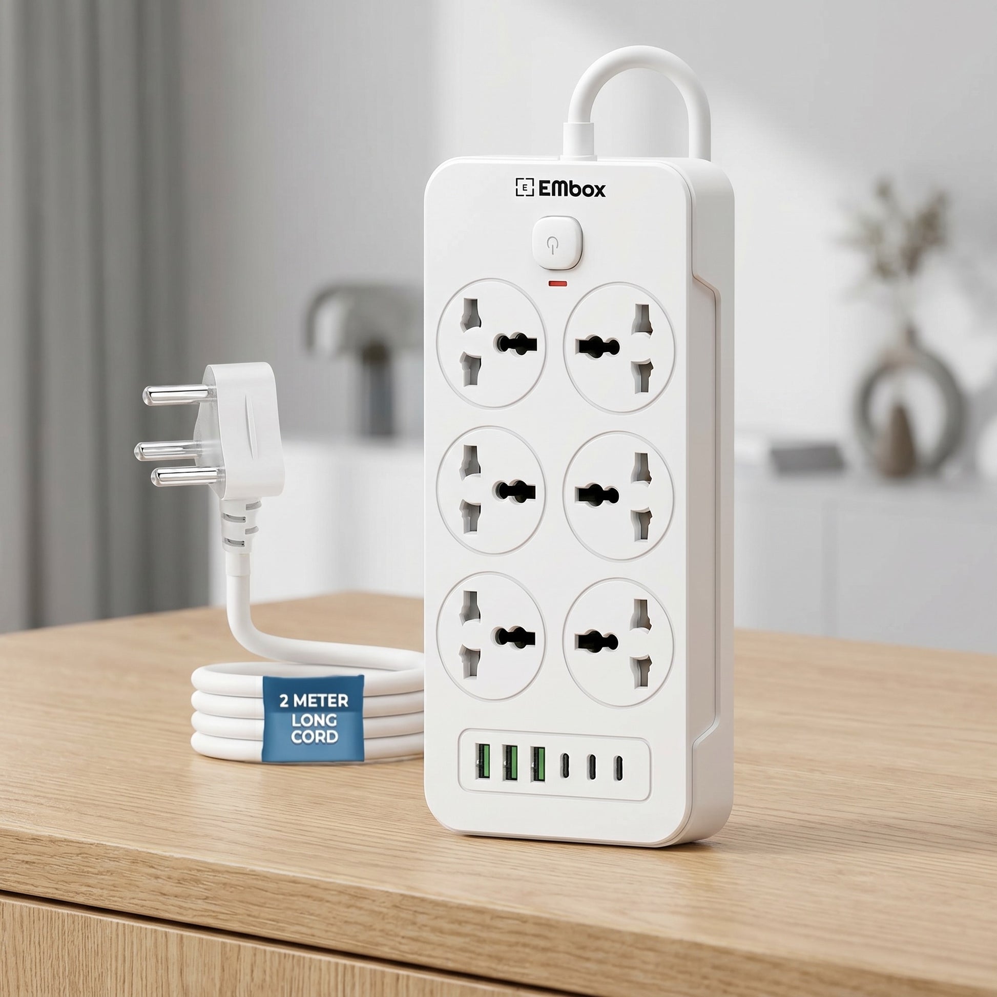ConnectX power extension strip showing master switch safety shutters 2500W rating with multiple devices charging simultaneously India | Grunx 