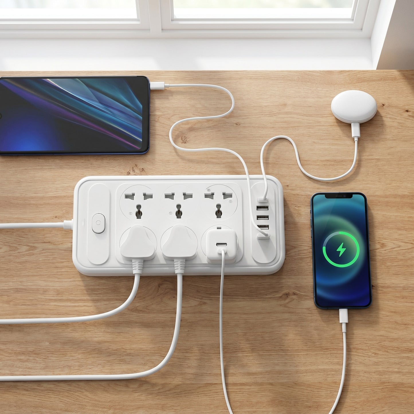 ConnectX power extension strip showing master switch safety shutters 2500W rating with multiple devices charging simultaneously India - GrunX