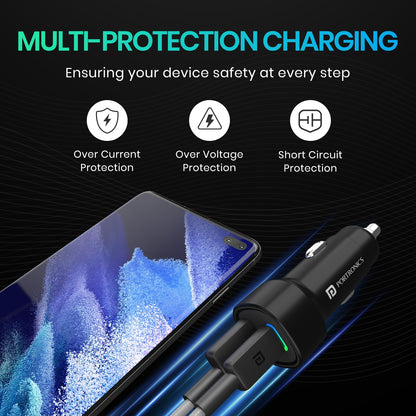 Portronics car charger multi-protection charging with over current, over voltage, and short circuit protection