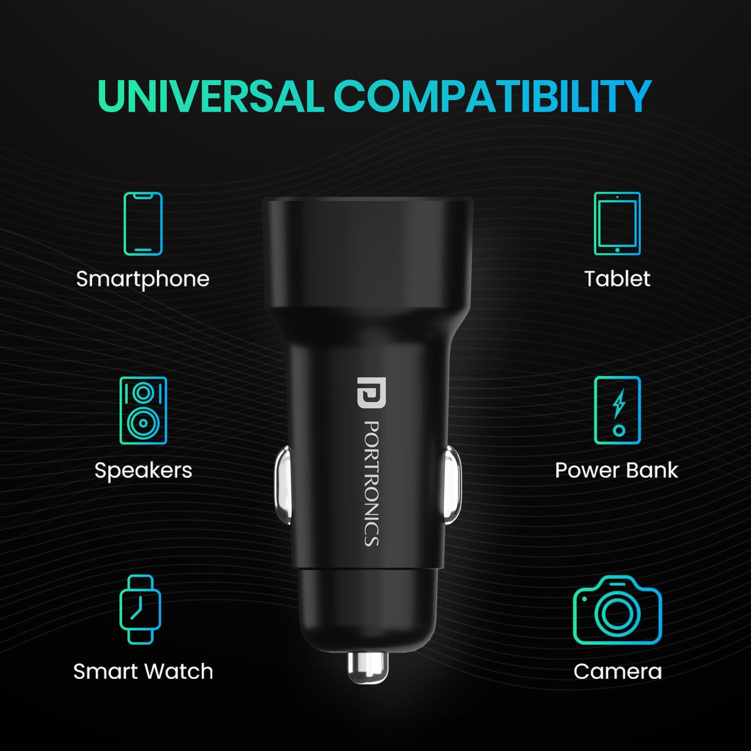 Portronics 80W car charger universal compatibility with smartphone, tablet, speakers, power bank, smartwatch, and camera