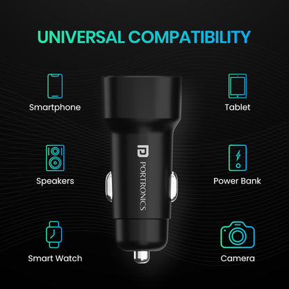 Portronics 80W car charger universal compatibility with smartphone, tablet, speakers, power bank, smartwatch, and camera