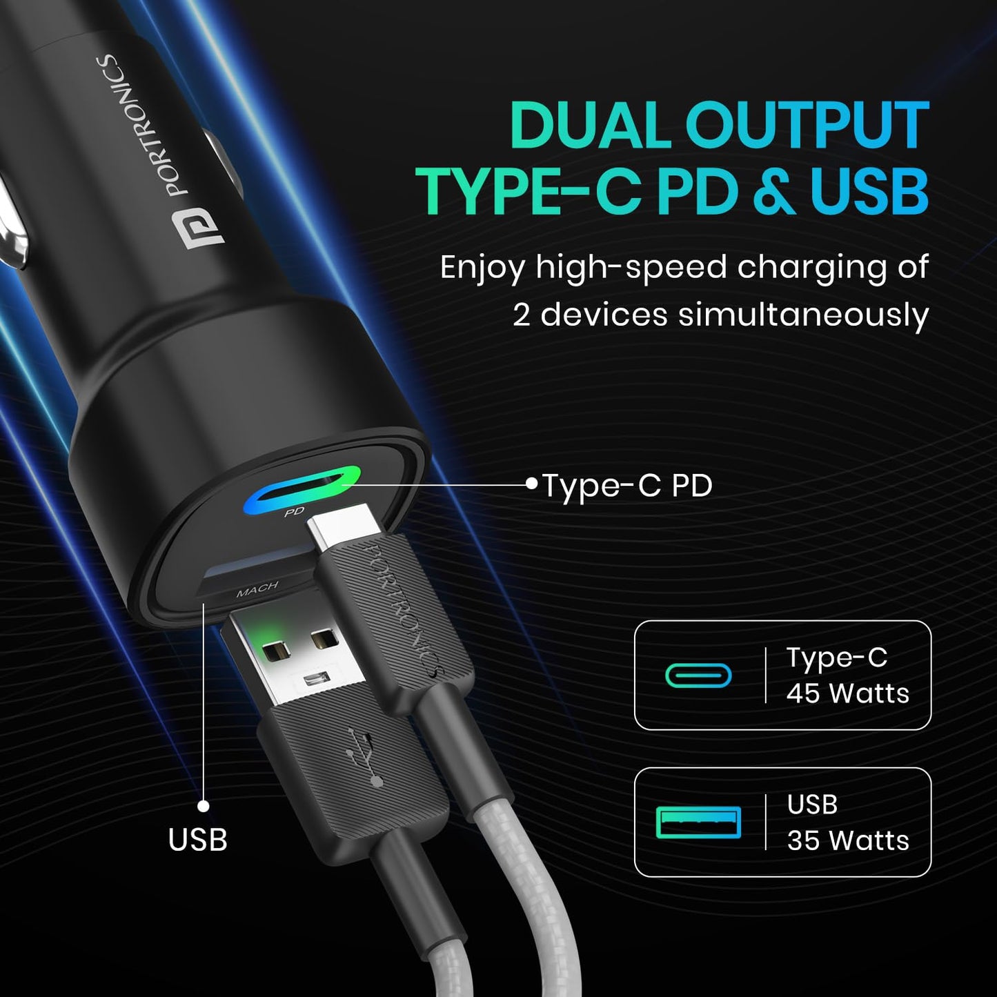 Portronics car charger dual output Type-C PD 45 watts and USB 35 watts for simultaneous high speed charging of two devices