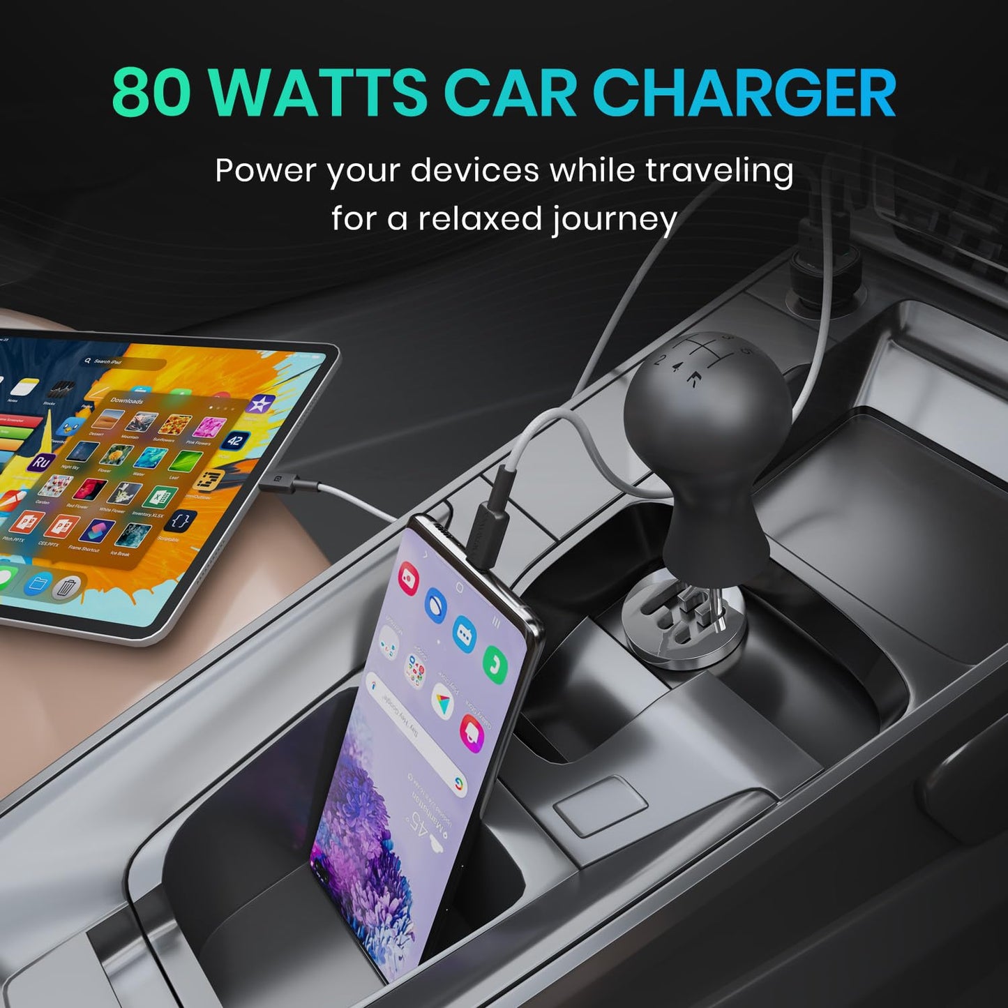 Portronics 80 watts car charger powering tablet and smartphone simultaneously in car console during travel