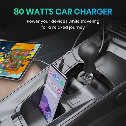 Portronics 80 watts car charger powering tablet and smartphone simultaneously in car console during travel