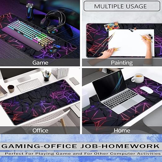 Black purple neon geometric design XXL desk mat multiple usage for gaming painting office and home computer activities