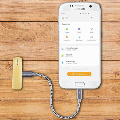 Micro USB OTG Cable connecting USB flash drive to Samsung Android smartphone for file transfer and storage access