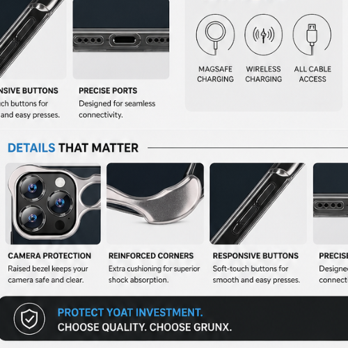 GrunX ARC Titanium Bumper iPhone Case – MagSafe Compatible, Wireless Charging, Camera Protection, Reinforced Corners, Responsive Buttons Detail Shot