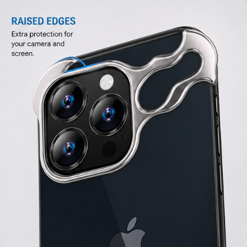 ARC Titanium Bumper iPhone Case – Raised Edge Camera Protection Close-Up, Silver Metal Bumper with Extra Screen and Lens Guard for iPhone Pro Max