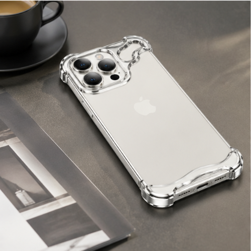 GrunX ARC Titanium Bumper iPhone Pro Case White – Crystal Clear Back with Silver Alien Bumper Design, Flat Lay Lifestyle Product Shot on Dark Surface