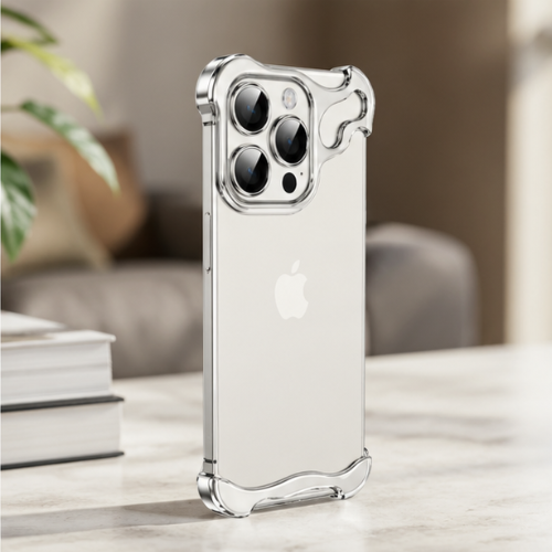 GrunX ARC Titanium Bumper iPhone Case White – Crystal Clear Transparent Back with Silver Metal Bumper, Slim Shockproof Cover for iPhone Pro, Lifestyle Shot