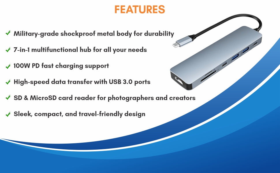 Military Grade - 7 in 1 Shockproof Metal Adapter (100W) & Card Reader