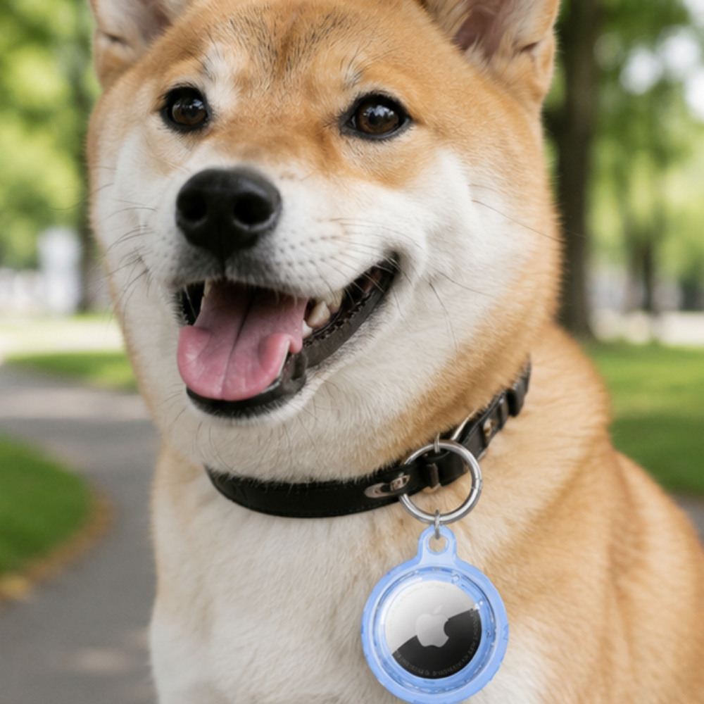Happy Shiba Inu dog wearing an Apple AirTag in a white circular holder attached to its black collar, photographed outdoors in a park setting