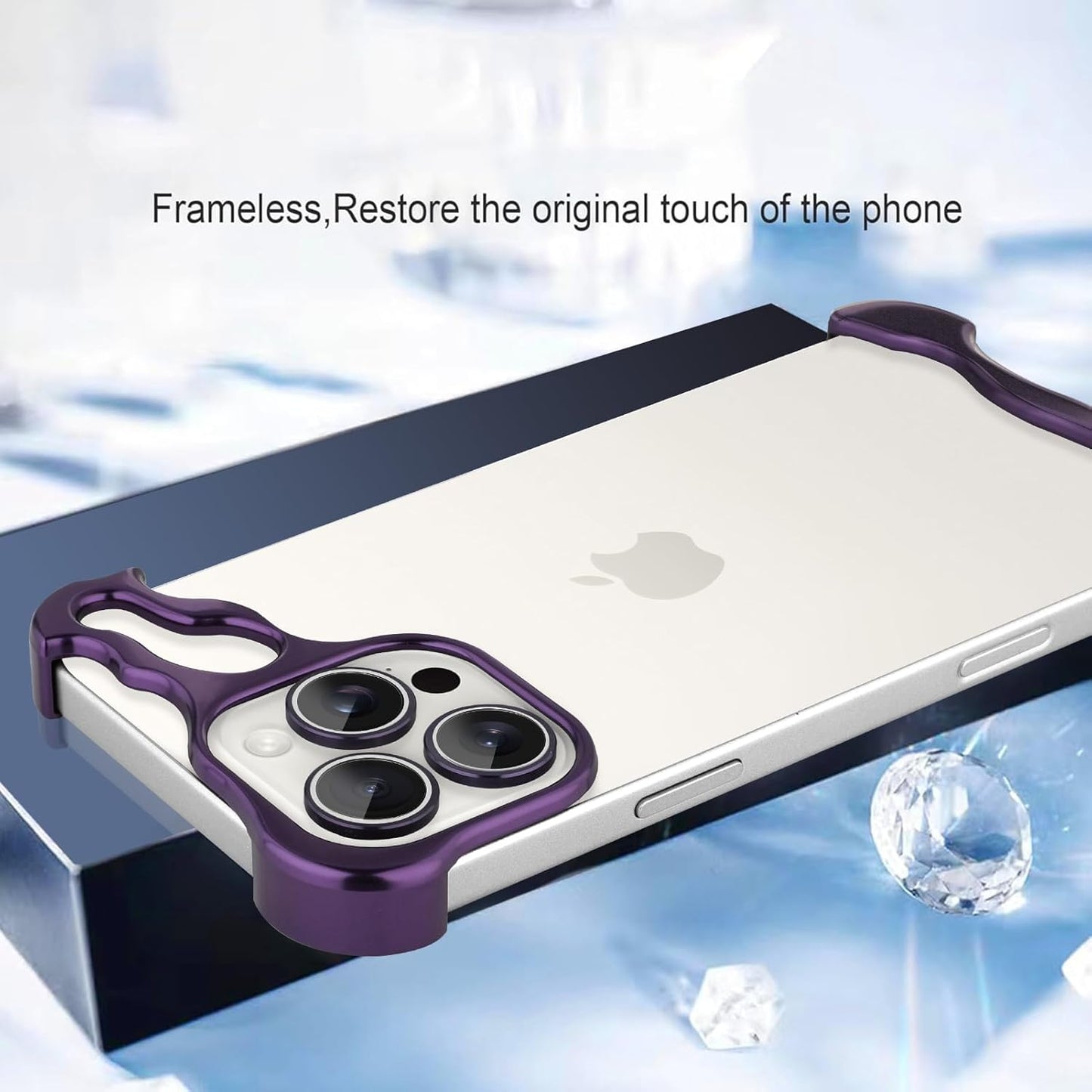 Case and Cover iPhone 16 Pro, 16 Pro Max  Purple Frameless metallic bumper case on a silver iPhone with triple camera lens Alien GrunX in India