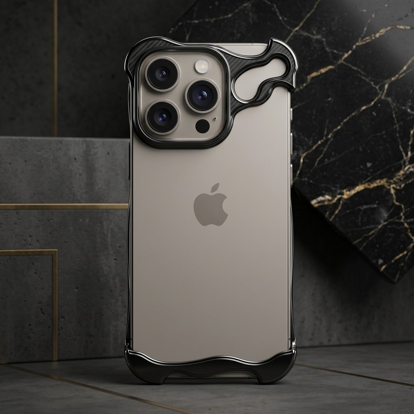 GRUNX Alien Arc Titanium Bumper case on iPhone 14 Pro Max and 13 Pro Max black showing raised arc frame corners India