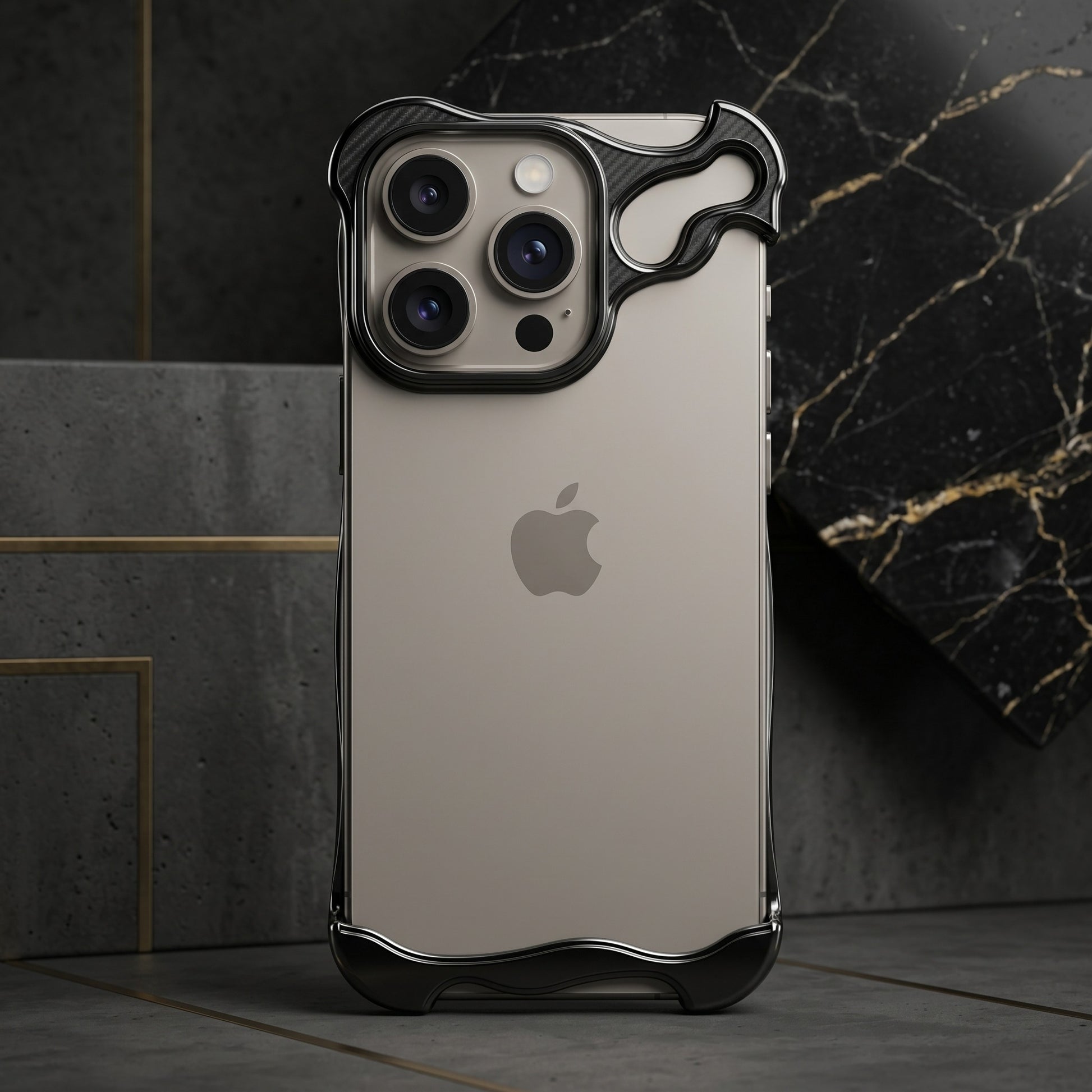 GRUNX Alien Arc Titanium Bumper case on iPhone 14 Pro Max and 13 Pro Max black showing raised arc frame corners India