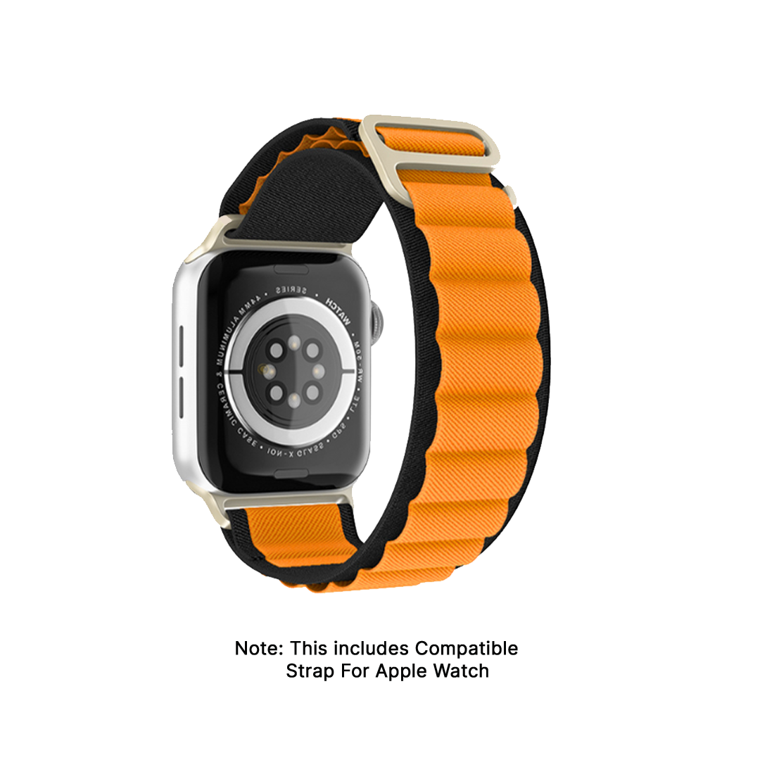 Watch Strap and Watch Band Apple Apple Watch Series  9, 8, 7, 6, 5, 4, 3, 2, 1,Ultra & Ultra 2 38/40/41mm 42/44/45/49mm Orange Black Back View With Description Of Compatible Strap Alpine GrunX in India